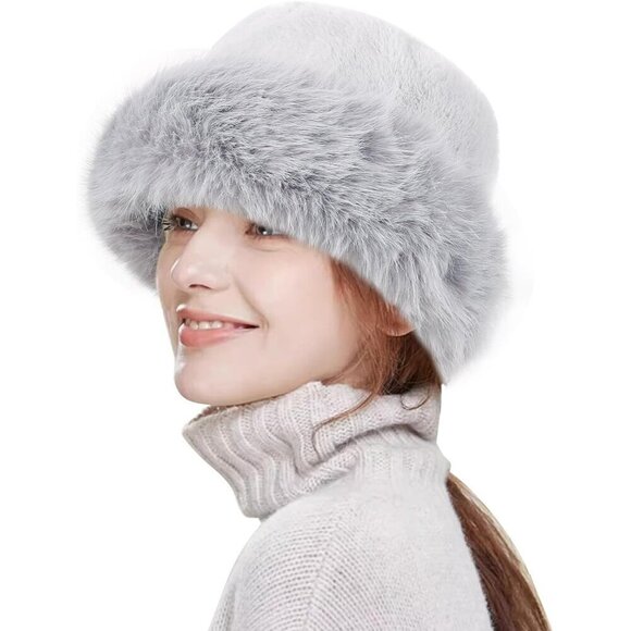 🔥 Hh Hofnen Faux Fur Women Grey Winter Bucket Fisherman Plush Warm Cute Hats